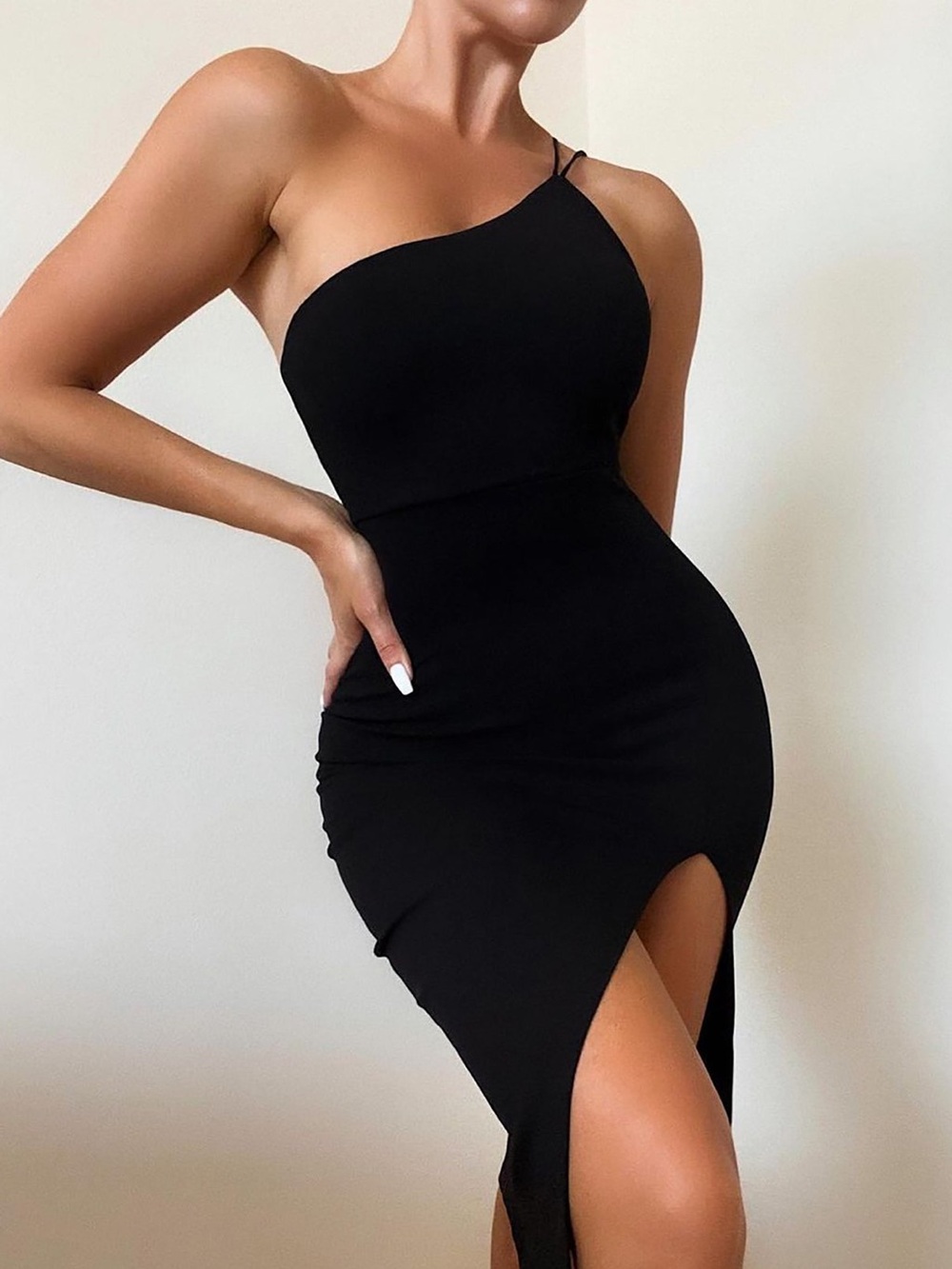 Fashion Nova One-Shoulder Black Midi Dress with Side Slit